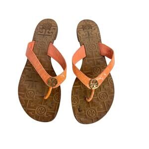 Tory Burch Thora Logo Orange Leather Thong Flip-Flop Flat Sandal Women's Size 9